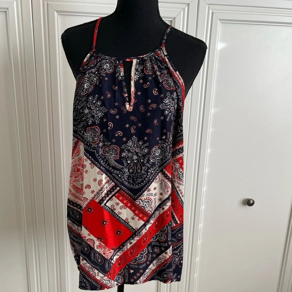 Renee C. red, white and blue paisley print halter top size XL